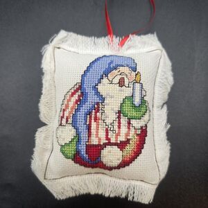 Christmas Sleepy Santa Ornament Completed Cross Stitch Hanging Pillow Handmade